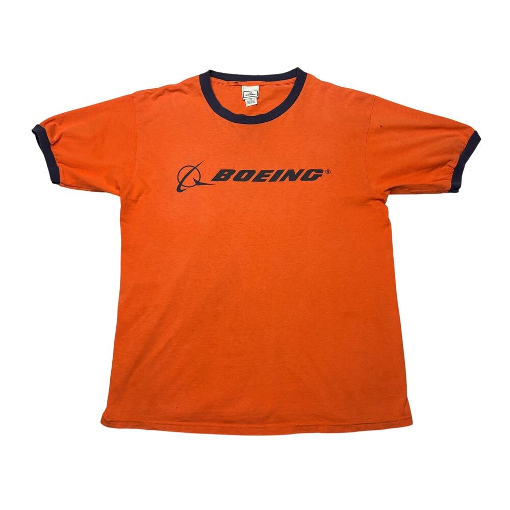 Vintage 90s Boeing T-Shirt Mens Medium Orange Cotton Ringer Retro